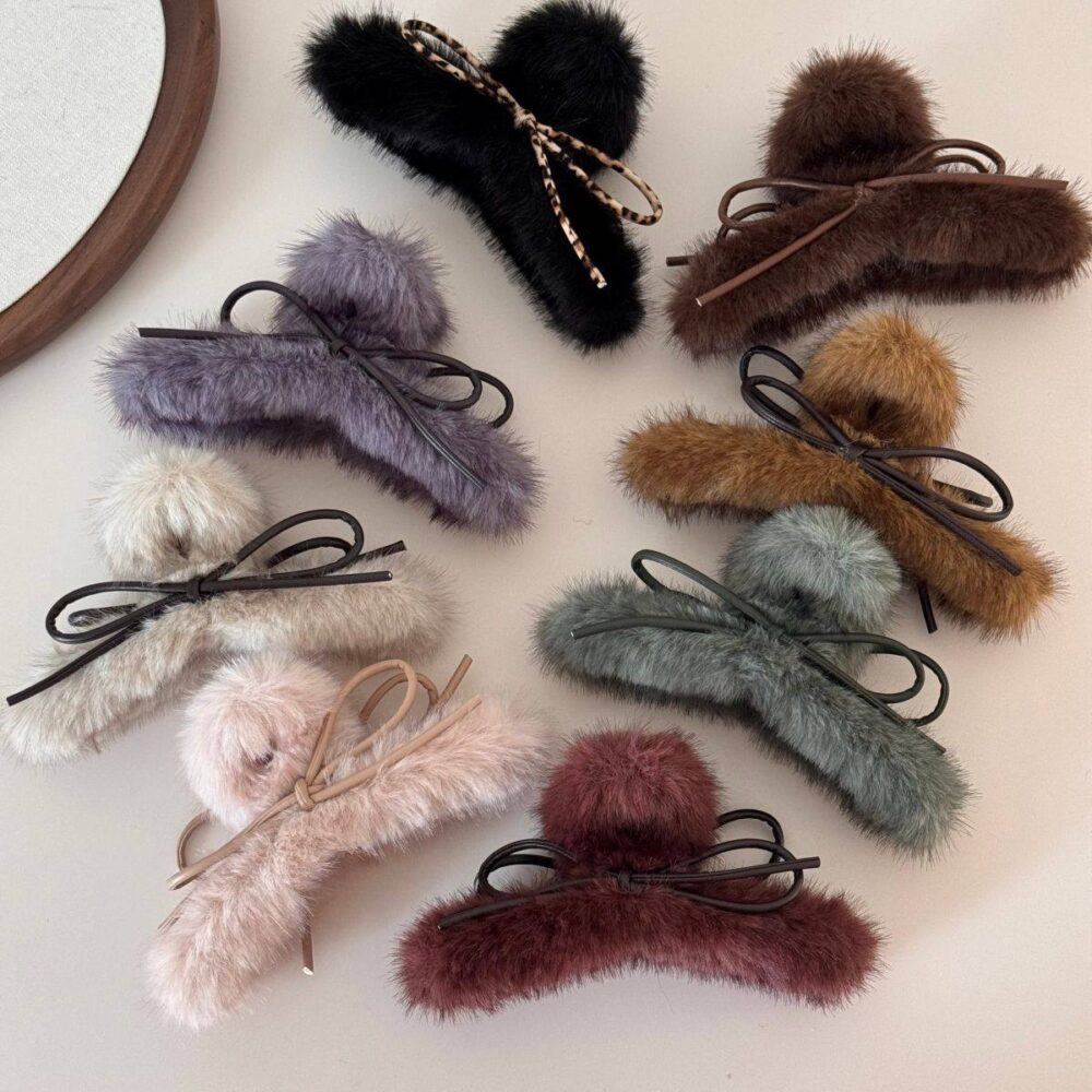 Cozy Faux Fur Hair Claw with Leather Bow