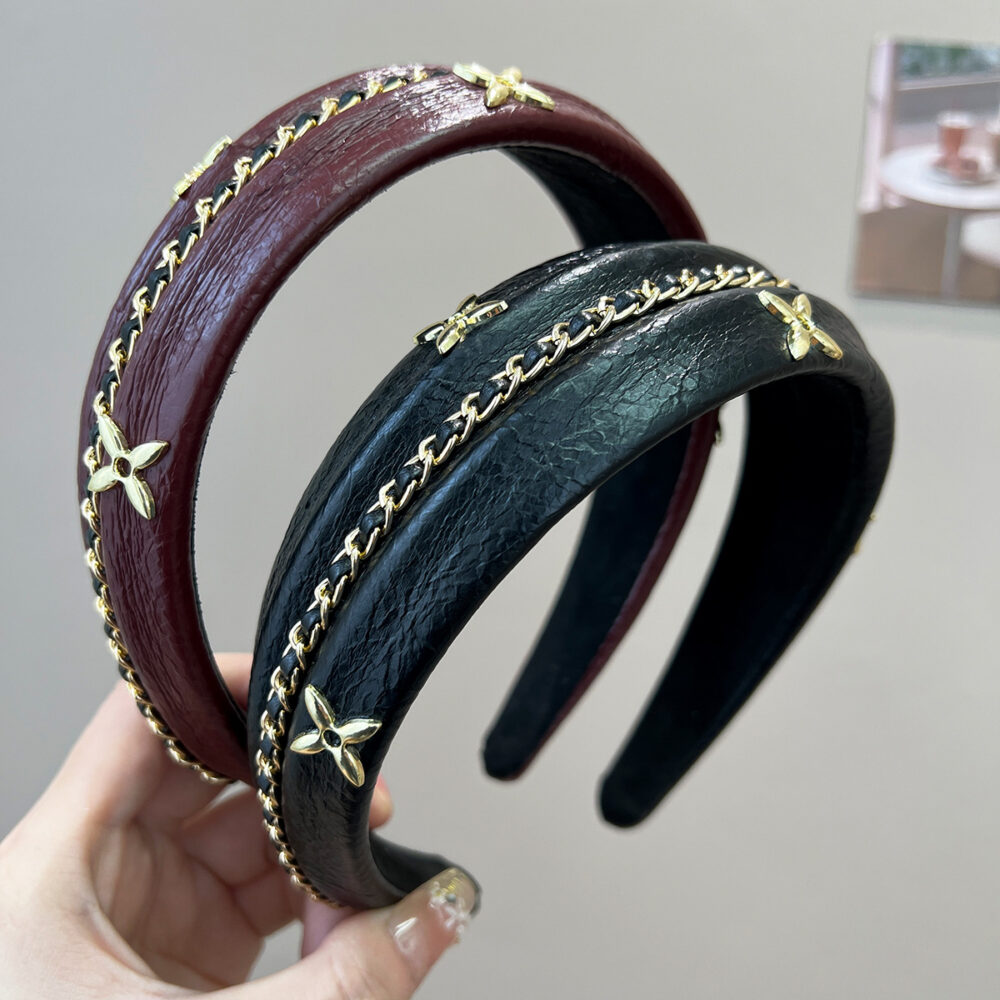 Old Money Leather Chain Padded Headband with Gold Charms